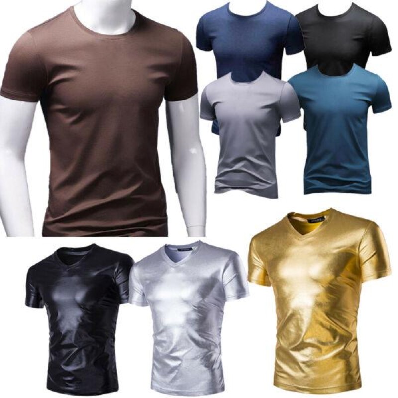 Men  Solid Color T-shirt  Breathable Round Neck Short Sleeve Shiny Slim Fit Tops